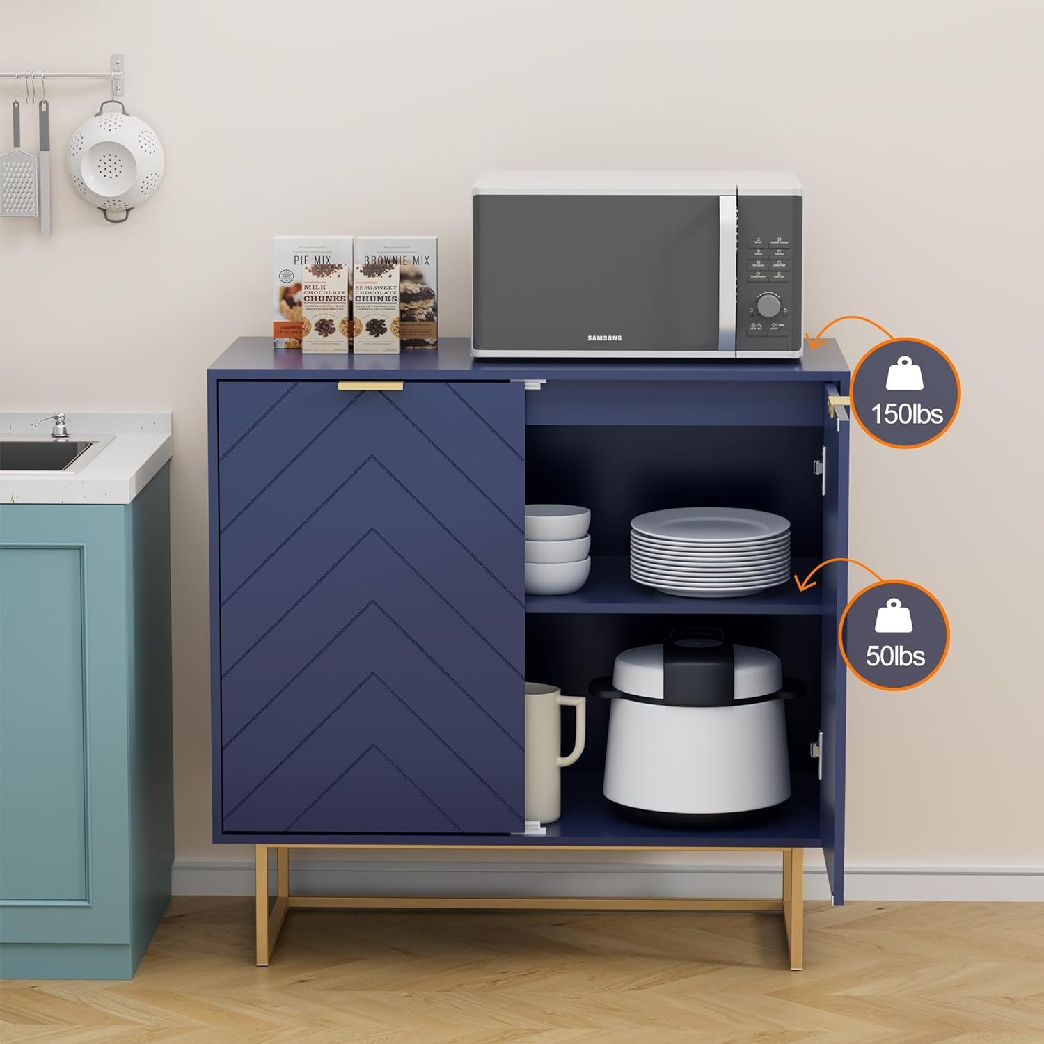 31.5'' Sideboard Buffet Cabinet with Storage, Navy Blue Accent Cabinet with Doors & Adjustable Shelf for Living Room & Kitchen (2 Doors)