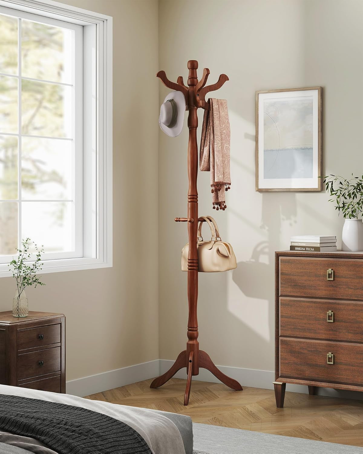 Coat Stand, Solid Wood Freestanding Coat Rack with 11 Hooks, Hall Tree for Bags, Purses, Hats, for Entryway, Hallway, Rubberwood, Caramel Brown URCR05WN