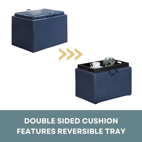 Designs4Comfort Accent Storage Ottoman 22.75" - Modern Foot Stool with Decorative Tray for Living Room, Dining Room, Office, Blue Faux Leather