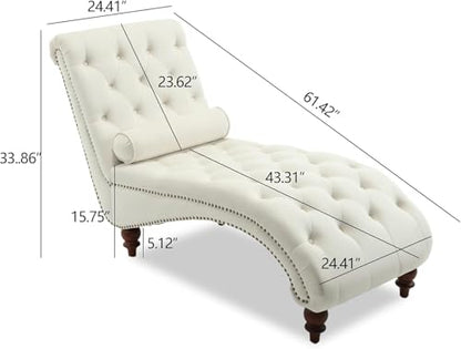 Velvet Tufted Chaise Lounge, Upholstered Sofa Chair with Wood Legs Beige, view 3