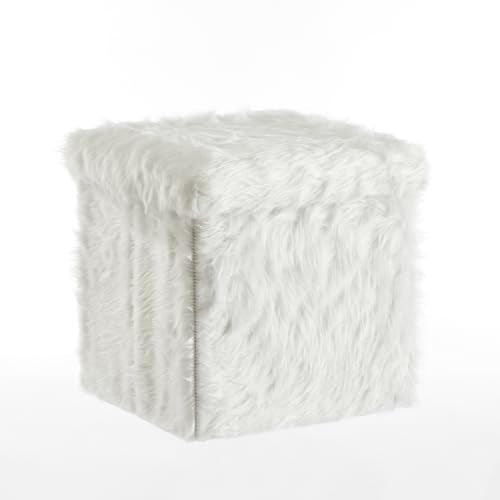 Mongolian Fur Collapsible Storage Ottoman 15 Inch Square Soft White Modern Multipurpose Footrest Bench Living Room Furniture Accent Décor