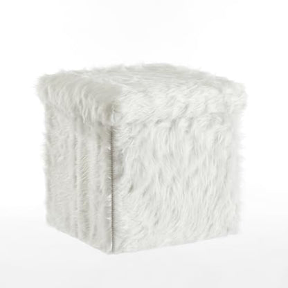 Mongolian Fur Collapsible Storage Ottoman 15 Inch Square Soft White Modern Multipurpose Footrest Bench Living Room Furniture Accent Décor