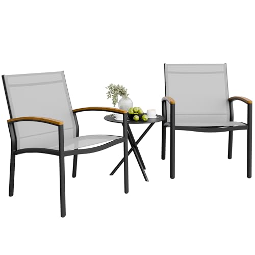 3 Pieces Patio Bistro Sets, Outdoor Textilene Fabric Conversation Bistro Set, Textilene Fabric Front Porch Chairs Small Patio Furniture Set with Table for Lawn,Garden,Balcony (Grey)