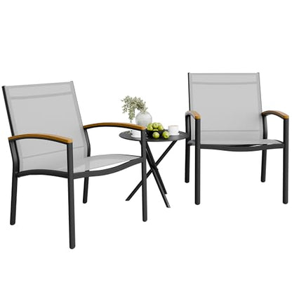 3 Pieces Patio Bistro Sets, Outdoor Textilene Fabric Conversation Bistro Set, Textilene Fabric Front Porch Chairs Small Patio Furniture Set with Table for Lawn,Garden,Balcony (Grey)