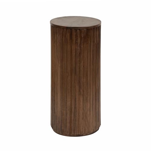 Reid Modern Wooden Ribbed Drink Table; 10 x 10 x 22; Walnut Brown; Solid Wood Mini Table for Use as Pedestal Plant Stand Indoors or Small Nightstand Option