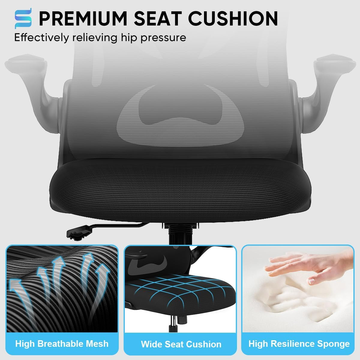 Ergonomic Desk Chair with Padded Flip up Arms and Supportive Lumbar Support, Breathable Mesh Home Office Chair with Comfortable Cushion for Home or Office(Black)