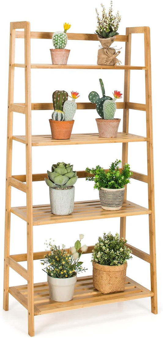 Ladder Shelf, 4 Tier Bamboo Ladder Bookshelf, 48’’ Tall Freestanding Bookcase Storage Rack Plant Stand for Living Room, Balcony, Office, Bedroom, Farmhouse Wooden Ladder Bookshelf, Natural