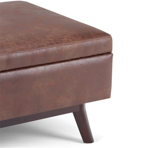 Faux Leather Storage Coffee Table Ottoman, Saddle Brown Finish, 18.5" H x 34.06" W x 25.98" D, Lift-Up Lid, Solid Wood Base, Mid-Century Style, Living Room Furniture