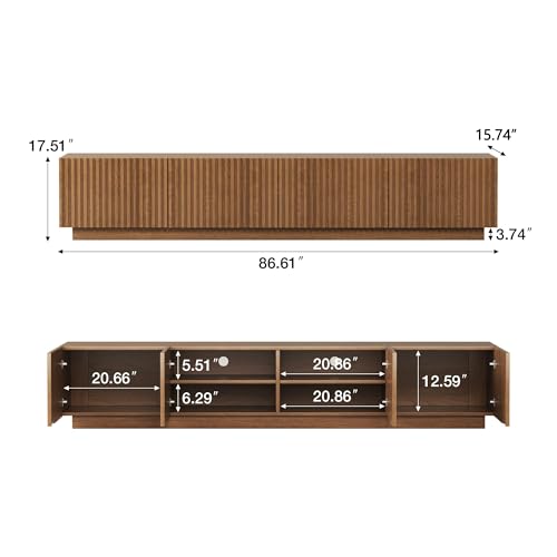 86.61" Mid-Century Modern TV Stand for TVs up to 85", Sturdy Living Room Furniture Media Console with Large Storage Space, Entertainment Center for Living Room and Bedroom, Walnut