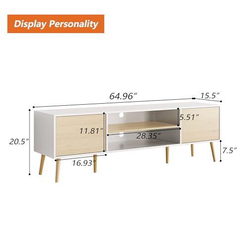 TV Stand for 75 Inch TV, Entertainment Center with Storage, 2 Cabinet Media Console Table, Wood Feet, Living Room, Bedroom Furniture,White&Oak