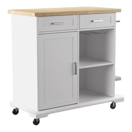 Warkin Rolling Kitchen Island with Storage - Transitional Design, White Glass and Wood - Ideal for Kitchen, Dining Room (KA1133961)