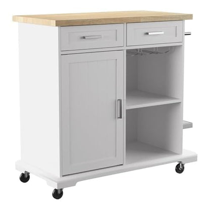 Warkin Rolling Kitchen Island with Storage - Transitional Design, White Glass and Wood - Ideal for Kitchen, Dining Room (KA1133961)
