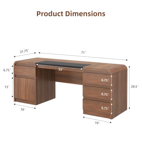 71" Walnut Executive Desk with Drawers, Home Office Desk with Storage, view 3