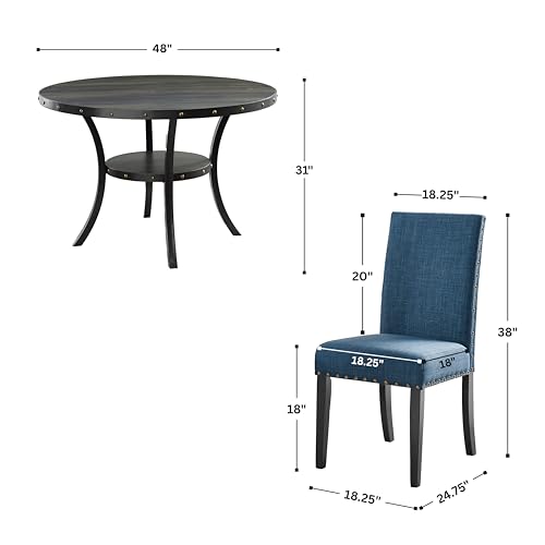 Collection Biony Espresso Wood Dining Set with Blue Fabric Nailhead Chairs