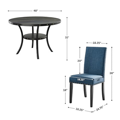 Collection Biony Espresso Wood Dining Set with Blue Fabric Nailhead Chairs