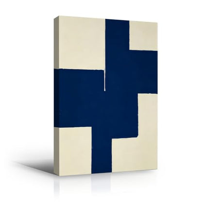 Navy Blue Geometric Block Abstract Wall Art Canvas Print, modern color field artwork in deep navy and ivory for home office, bedroom, office, apartment, modern farmhouse(16x24Inch,Gallery Wrapped）