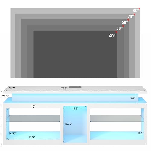 71" LED TV Stand with Power Outlet,60-Colors LED Lights For 70 80 in TV,WT, view 3