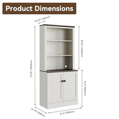 72 in Tall Bookshelf 5 Tier Bookcase with Adjustable Shelves, Antique White Book Shelf with Storage Cabinet, Wood Freestanding Display Bookshelves for Home Office，Bedroom, Living Room