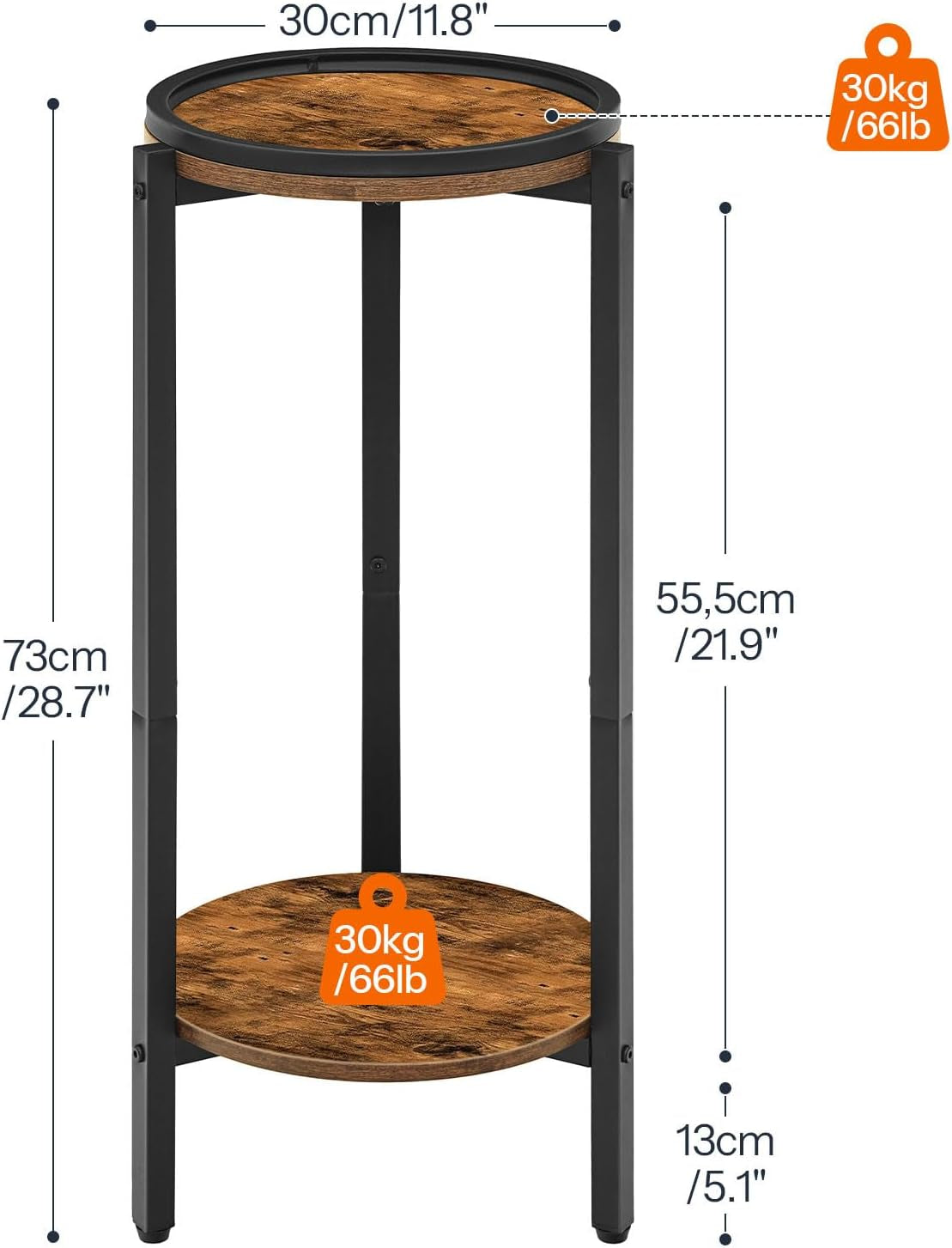 Small round Side Table, Coffee Drink Table for Sofa Couch Corner, 28.7" H Slim round Nightstand, Circle Wooden Accent Pedestal Table for Living Room, Bedroom, Rustic Brown and Black BF167BZ01