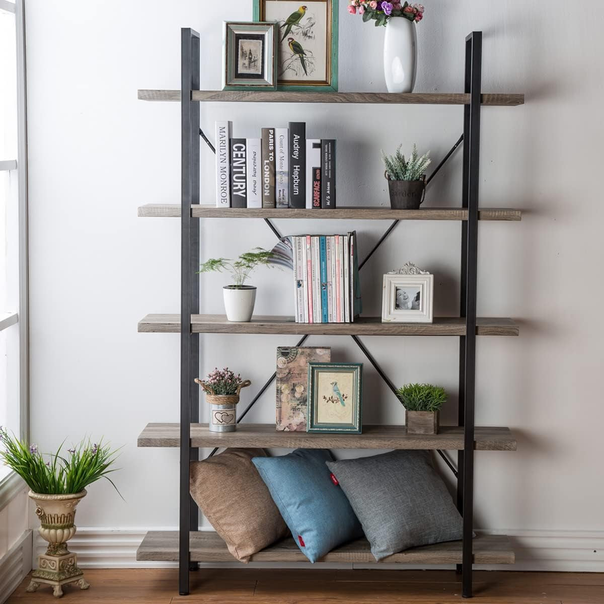 5-Shelf Vintage Industrial Rustic Bookshelf, 5 Tier Wood and Metal Bookcase, Open Etagere Book Shelf, Farmhouse Wooden Bookshelves, Light Grey Oak