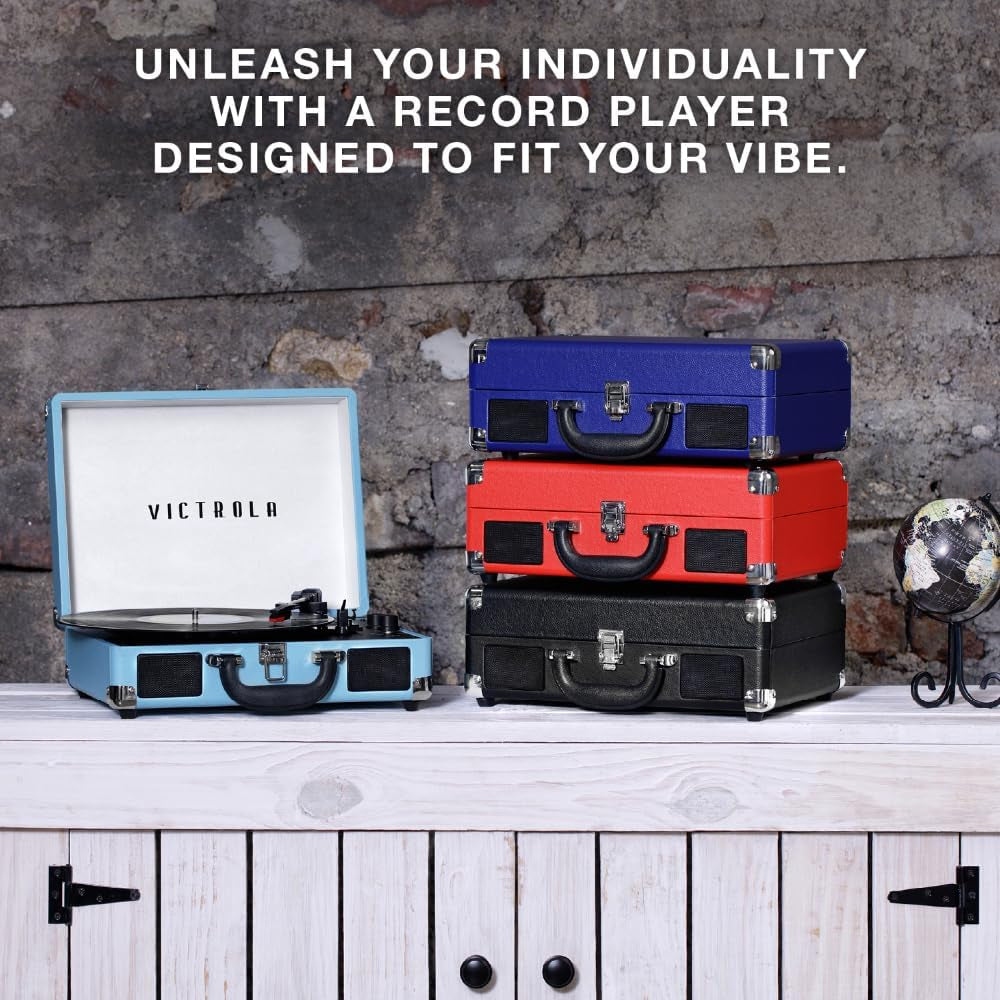 Journey Bluetooth Portable Suitcase Record Player – with Built-In Speakers, 3 Speed Vinyl Record Player, RCA Out, Headphone Jack (Retro Map)