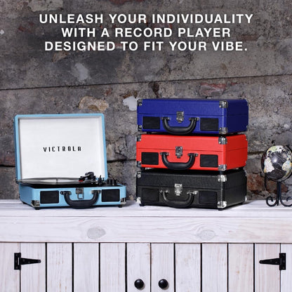 Journey Bluetooth Portable Suitcase Record Player – with Built-In Speakers, 3 Speed Vinyl Record Player, RCA Out, Headphone Jack (Retro Map)