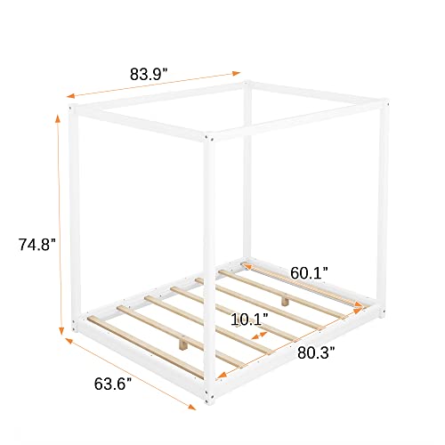 Queen Size Canopy Bed, Wood Queen Platform Floor Bed with Slat Support, view 3