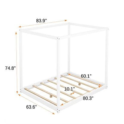 Queen Size Canopy Bed, Wood Queen Platform Floor Bed with Slat Support, view 3