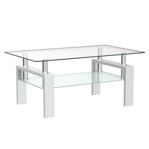 Glass Coffee Table for Living Room, Modern Coffee Table with Transparent Tempered Glass Top and White Metal Legs, Rectangle Tea Table for Home