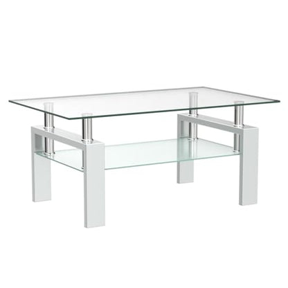 Glass Coffee Table for Living Room, Modern Coffee Table with Transparent Tempered Glass Top and White Metal Legs, Rectangle Tea Table for Home