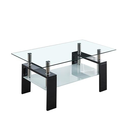 2-Tier Glass Coffee Table, Rectangle Center Table with Double-Layer Tempered Glass Storage Space and Black MDF Legs, Modern Living Room Table for Home Office, Waiting Room