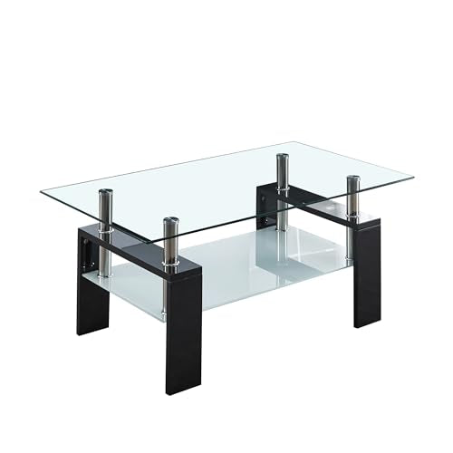2-Tier Glass Coffee Table, Rectangle Center Table with Double-Layer Tempered Glass Storage Space and Black MDF Legs, Modern Living Room Table for Home Office, Waiting Room