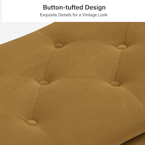 Modern Velvet Storage Ottoman Bench with Gold Base & Nailhead Trim, Upholstered Bedroom Bench for End of Bed, Button-Tufted Footstool for Entryway Living Room Dining Room, Golden
