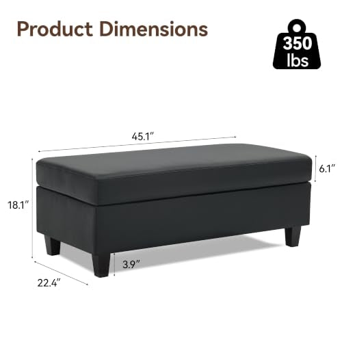 45" Faux Leather Storage Ottoman Bench with Wooden Tray, Black Large Upholstered Foot Stool, Multifunctional Coffee Table Storage Bench with Solid Wood Legs for Living Room Bedroom Entryway
