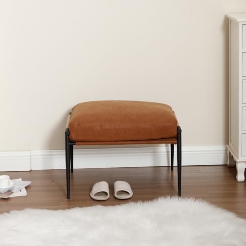 Mid-Century Ottoman, Soft PU Leather Entryway Bench Ottoman Foot Rest with Metal Legs Single Seat for Living Room Reading Room, Brown