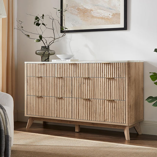 Fluted 7 Drawers Dresser, 54" Wide Modern Chest of Drawers with Faux Marble Top, Curved Profile Design, Dresser TV Stand, Wood Drawer Organizer for Bedroom, Living Room, Hallway, Natural Oak
