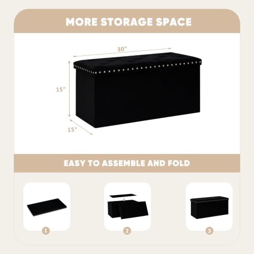 Velvet Storage Ottoman Bench with Foot Rest, Large Long Folding Shoes Stool, Sturdy Space-Saving Furniture for Bedroom Living Room, Black, 30"x15"x15"