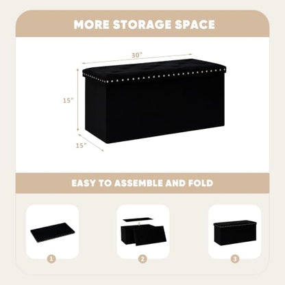 Velvet Storage Ottoman Bench with Foot Rest, Large Long Folding Shoes Stool, Sturdy Space-Saving Furniture for Bedroom Living Room, Black, 30"x15"x15"