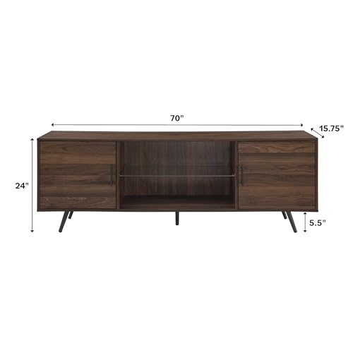 Saxon Mid Century Modern 2 Door Glass Shelf TV Stand for TVs up to 80 Inches, 70 Inch, Dark Walnut