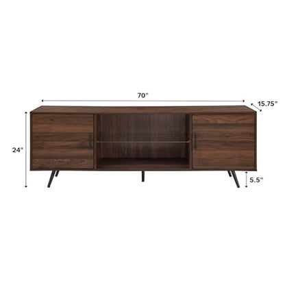 Saxon Mid Century Modern 2 Door Glass Shelf TV Stand for TVs up to 80 Inches, 70 Inch, Dark Walnut