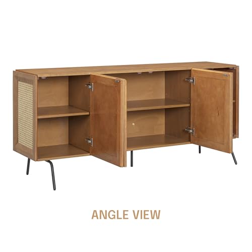 MOSSIC Modern Sideboard with 4 Doors, Natural Rattan Storage Cabinet, Buffet with Metal Legs, Boho Accent Cabinet for Living Room, and Entryway, Effortless Assembly, Teak Look