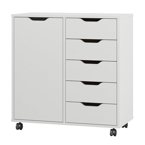 5-Drawer Chest with 1 Door, Wooden Chest of Drawers Storage Dresser Cabinet with Wheels, Office Organization and Storage, Bedroom Furniture (White-S)