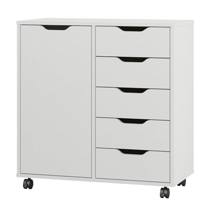5-Drawer Chest with 1 Door, Wooden Chest of Drawers Storage Dresser Cabinet with Wheels, Office Organization and Storage, Bedroom Furniture (White-S)