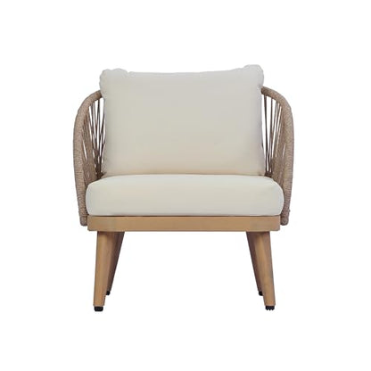 Lydia Boho Patio Furniture Acacia Wood Club Chair, Outdoor Lounge Chair, Modern Tub Accent Chair with Rope Woven and Removable Cushions, Deep & Sturdy Seating, Natural+Beige
