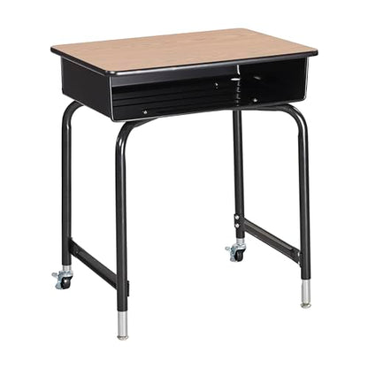 Mobile Open Front Desk with Metal Storage Book Box, Classroom Furniture, Oak