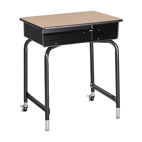 Mobile Open Front Desk with Metal Storage Book Box, Classroom Furniture, Oak