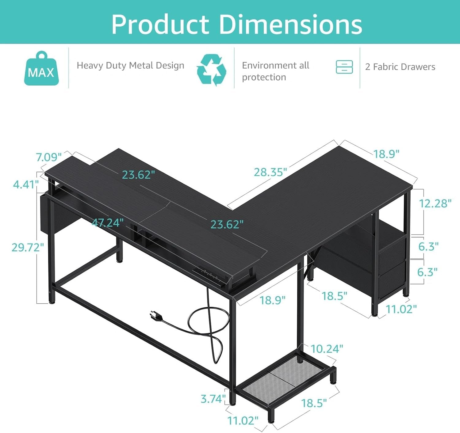 L Shaped Gaming Desk with Led Lights and Power Outlets, 48 Inch Corner Home Office Desk with Monitor Stand Shelves, Writing Study Computer Desks with Fabric Drawers for Bedroom, Black