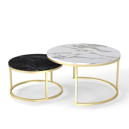 Nesting Coffee Table Set of 2, 31.5" Round Coffee Table Wooden Marble Pattern Accent Furniture, Industrial End Table for Living Room Bedroom Balcony (WhiteBlack/Gold)