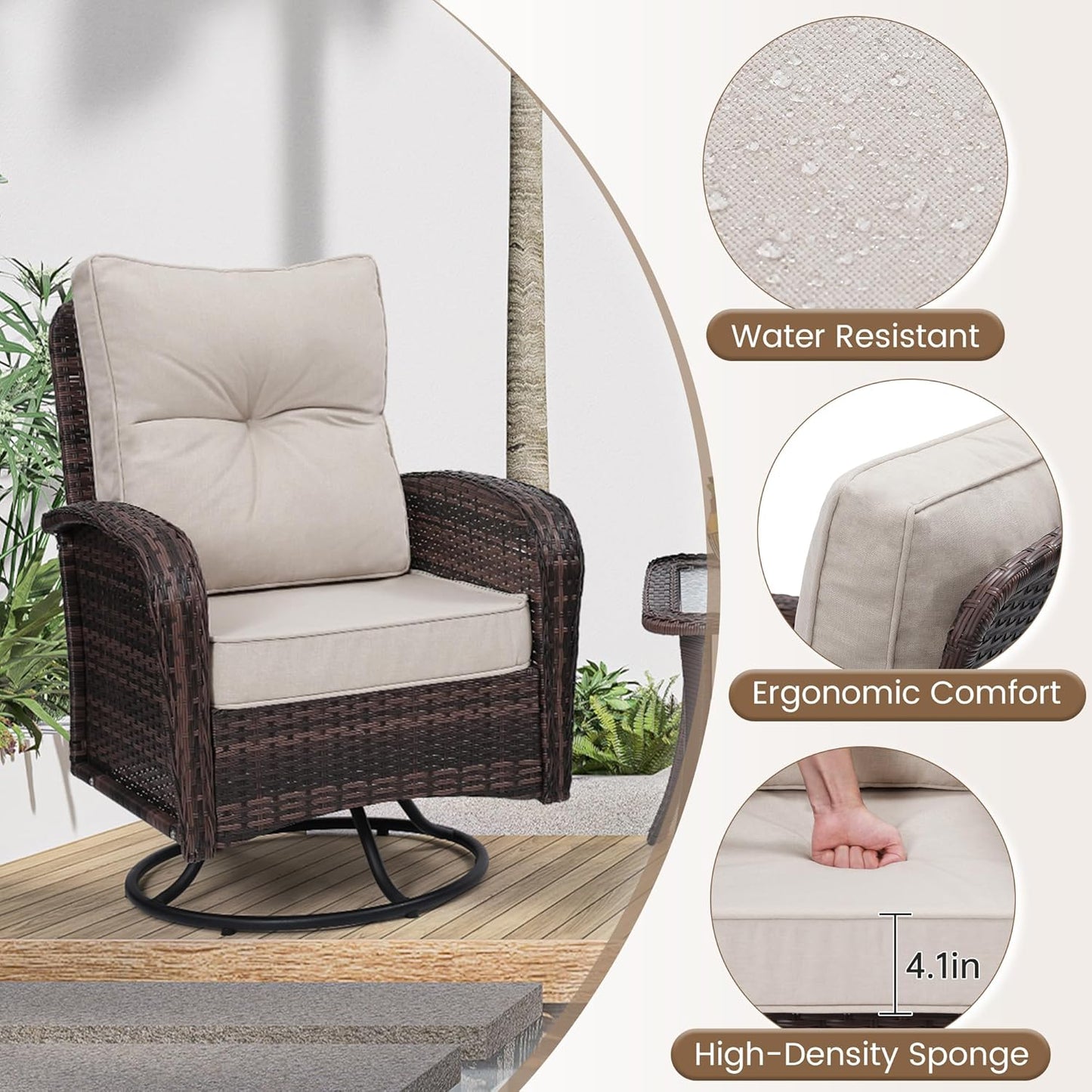 Luxury Outdoor Swivel Wicker Glider Patio Chairs with Table Set, Overstuffed Washable Cushions, Ideal for Porch, Balcony, Deck, Brown Rattan and Beige Cushion
