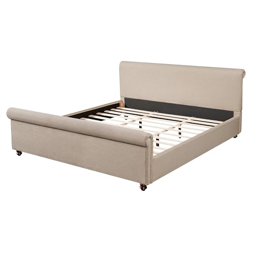 King Size Upholstered Bed Frame with Linen Fabric, view 7